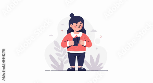 Adorable cartoon girl holding a book in her hands, wearing a sweater and pants