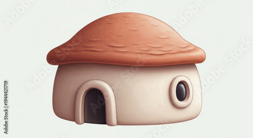 A whimsical cartoon mushroom house with a rounded door and window on transparent background
