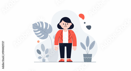 Flat style illustration of a woman standing between potted plants with abstract shapes