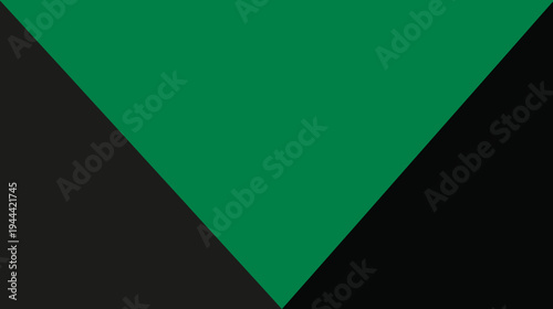 A geometric composition with a large inverted green triangle and two flanking black triangles