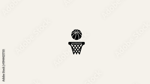 Black basketball above a black net on a cream background. The image is a simple icon illustration