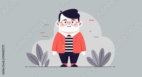 Cheerful person in a red jacket, striped shirt, and glasses, with stylized plants