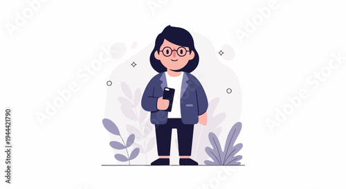 A person in a suit holds a smartphone against a backdrop of stylized plants and abstract shapes