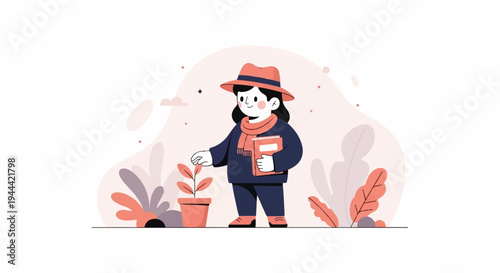 A child in a hat and scarf holds a book and tends a small plant