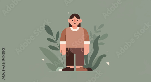 Flat illustration of a person with long brown hair, smiling, wearing a brown shirt and pants