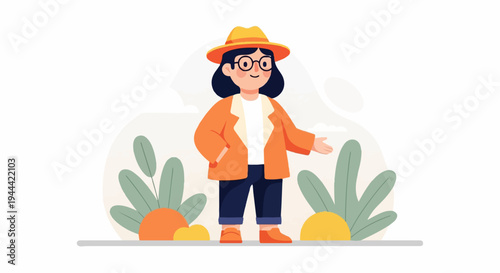 Cheerful character with hat and glasses gestures outdoors amidst plants