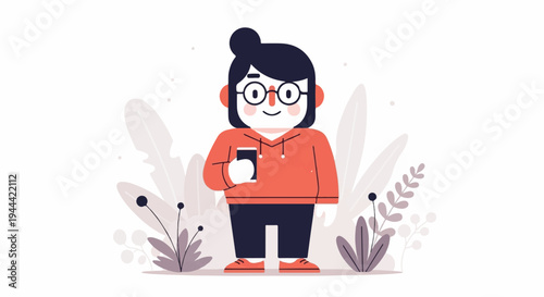 Cartoon person with glasses and headphones holding a smartphone surrounded by stylized plants