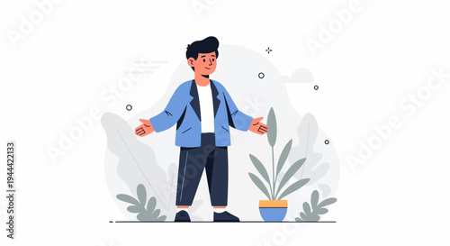 Welcoming man with outstretched arms stands amidst lush foliage and abstract shapes