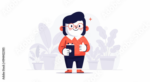 Cheerful character holding clipboard, giving thumbs up, surrounded by potted plants