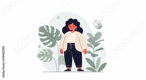 Stylized person in casual wear stands amidst lush, abstract foliage with a minimalist aesthetic
