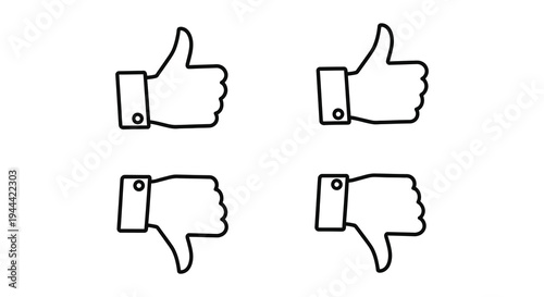 Four hands displaying thumbs up and thumbs down gestures presented as a black outline silhouette high quality professional detailed modern elegant