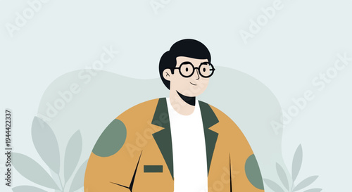 A stylized portrait of a smiling person wearing glasses and a jacket