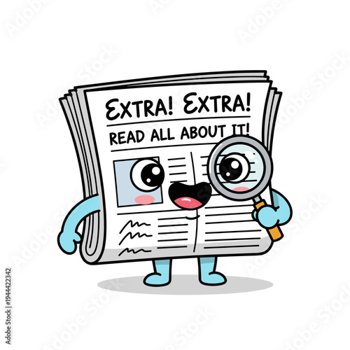 Cheerful cartoon newspaper character holding a magnifying glass