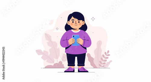 A cheerful person in purple holds a smartphone, amidst soft, abstract plant shapes and sparkles