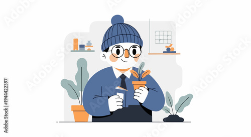 A person in a beanie and glasses holds a potted plant and book, surrounded by indoor greenery