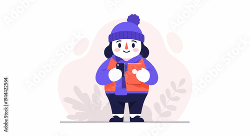 A cute, plump character in winter attire holds a phone and a tablet