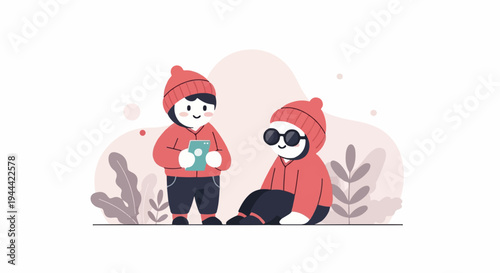 Two cute characters in winter hats and jackets, one holding a tablet device