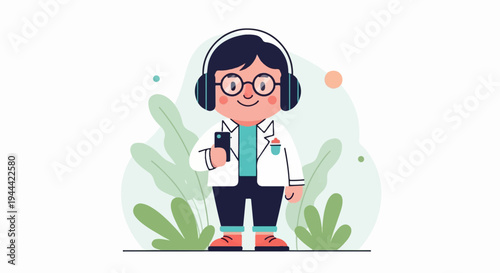 Cheerful cartoon person wearing headphones and holding a phone amidst stylized foliage