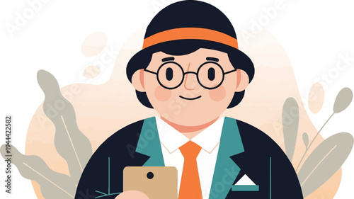 Cheerful cartoon man in a hat and suit holding a phone