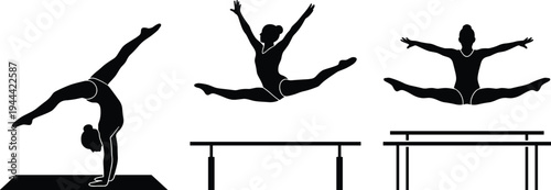 Female gymnast vault jump silhouette sequence showing acrobatic gymnastics movement over vault table isolated on white background sports illustration set