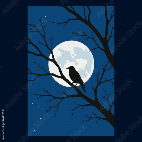Bird silhouette perched on moonlit branch illustration