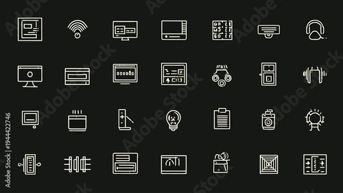 Thin Line Digital Interface Icon Pack, Technology Elements, Vector Set, Dark Background, Flat View, Clean Concept