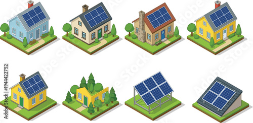 Isometric houses with solar panels set showing eco friendly homes with rooftop solar energy systems isolated on white background