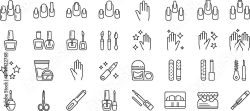 Minimalist manicure nail care line icons, beauty salon tools, hand grooming collection, cosmetic outline vector set, professional pedicure equipment illustration