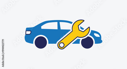 A blue car is displayed with a yellow wrench overlaying it representing automotive repair services silhouette high quality professional detailed modern