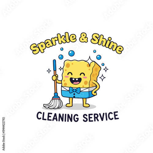 Cheerful cartoon sponge mascot holding a mop for a cleaning service logo