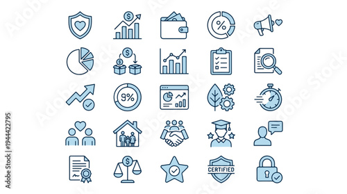 A set of blue business icons representing finance, growth, security, data analysis, family, education, and professional certification for corporate branding, marketing, and web design, icons, growth