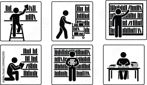 Library activity icons set showing people reading, searching and organizing books on shelves isolated on white education illustration