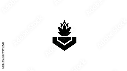 Stylized black illustration of a plant/flower growing inside a geometric shape, all on white