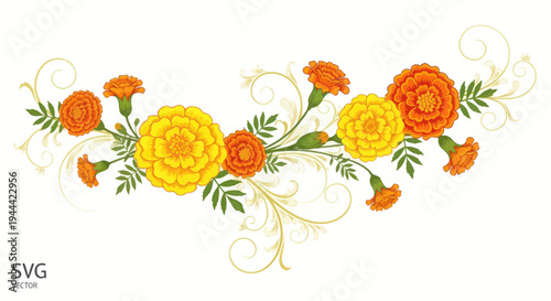 Decorative Marigold Flower Garland Design - Yellow and Orange Floral Border
