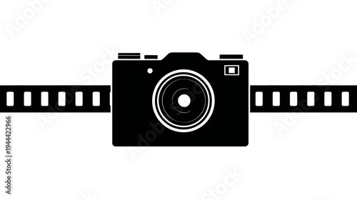 A simple, black and white icon featuring a camera and film strip on a white background