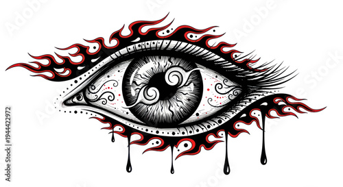 Fiery Eye with Tribal Flames and Tears