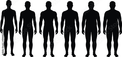 Male body silhouette types set showing different human body shapes isolated on white background anatomy reference illustration collection