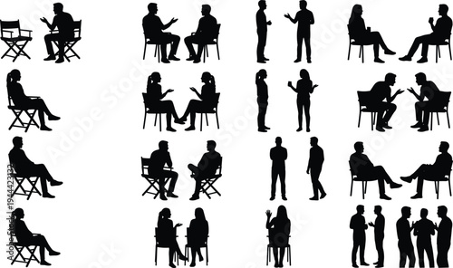People conversation silhouettes set with seated and standing discussion poses isolated on white background communication meeting illustration collection