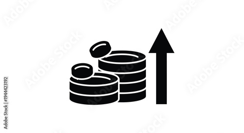 Stacked coins with an upward pointing arrow representing growth and financial success presented as a silhouette high quality professional detailed modern elegant