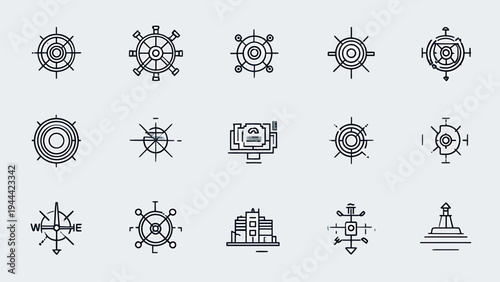 Set of marine and nautical navigation icons with thin line style