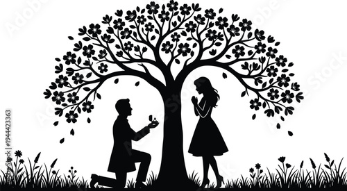 Romantic proposal silhouette under blooming tree with man kneeling and offering ring to woman love scene illustration