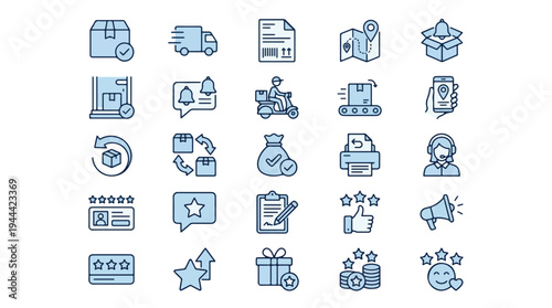 Professional set of delivery and logistics icons including shipment tracking, package handling, customer service, business ratings, and various transport symbols like trucks and boxes, shipping, mail