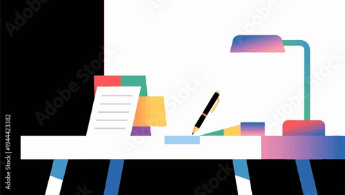 Desk work, note and pen. Simple illustration reminiscent of Scandinavia. Vector illustration. (No text) colorful
