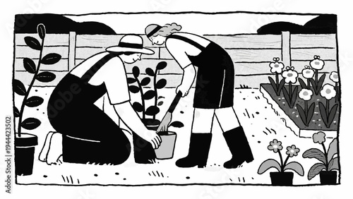 Line art, home gardening. Gardening, simple illustrations