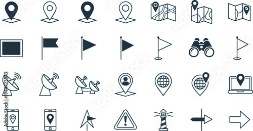 Navigation and location line icons, map pin GPS symbols, travel direction outline vector set, route finder illustration collection