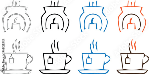 Icon variations of kettle and tea cup with steam rising