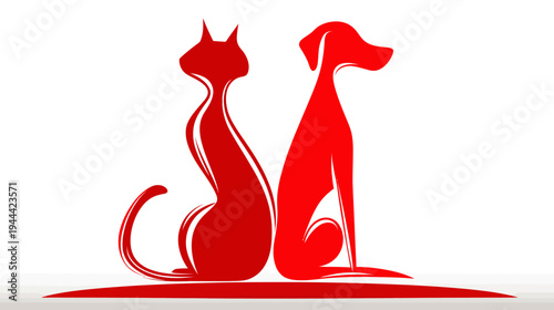 Red stylized image of a cat and dog, sitting side-by-side with a white background