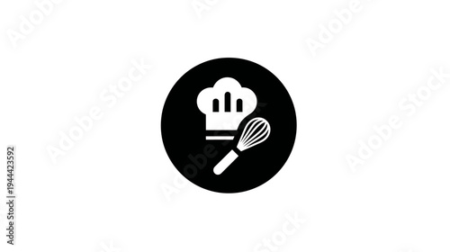 A white chef's hat and whisk illustration inside a black circle against a white background