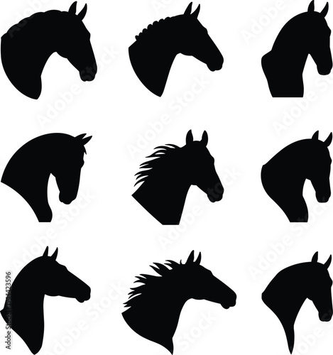 Set of horse head silhouettes in various profiles with different mane styles, black equine animal vector collection isolated on white background for logo and design