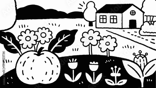Line art, home gardening. Gardening, simple illustrations